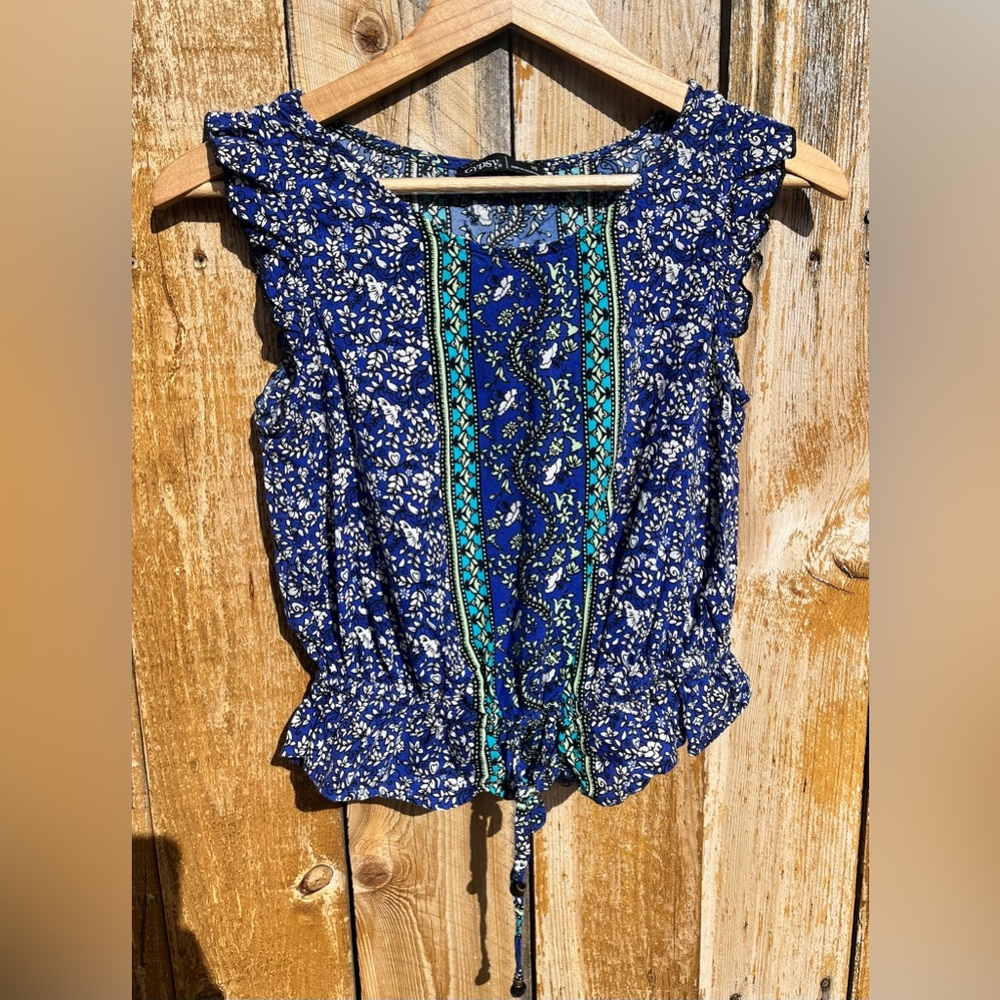 SOLD Gypsy 05 Blouse Tank XS, Rayon Blue/Green/White Patterned